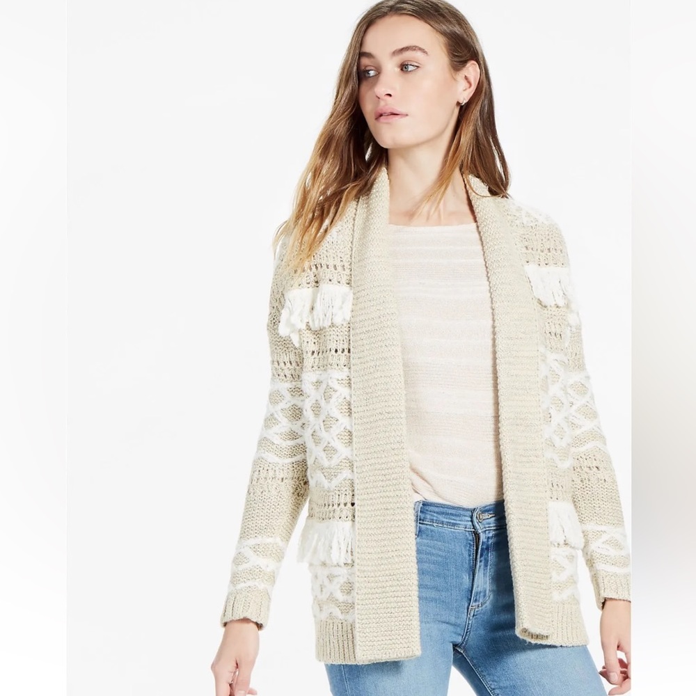 LUCKY BRAND Open Knit Cardigan w Pockets Fringe Boho Bohemian Festival Fashion S